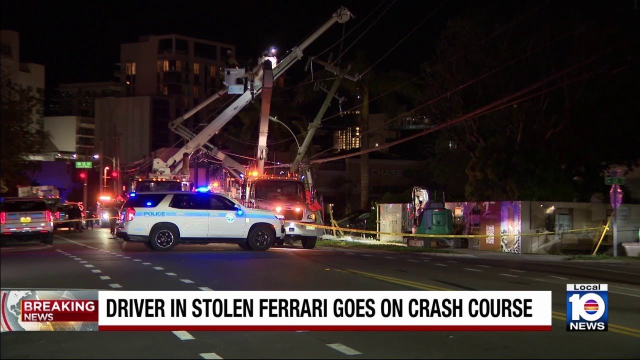Stolen Ferrari Crashes into Pole After Miami Police Chase