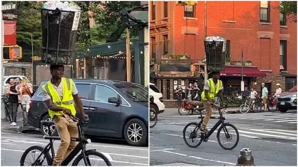 NYC Street Performer Balances Car Tire on Head Through Busy Streets