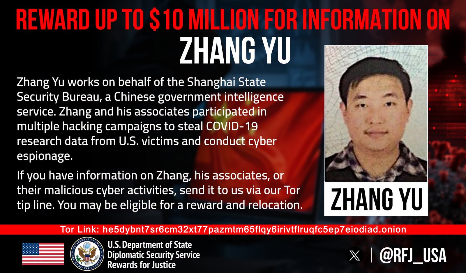 US State Department Offers Up to $10 Million Reward for Information on Zhang Yu in COVID-19 Research Espionage Case